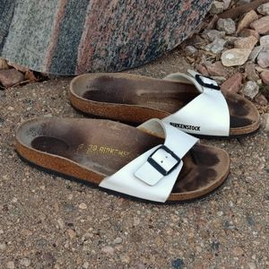 Birkenstock Madrid white leather buckle strap slide sandals